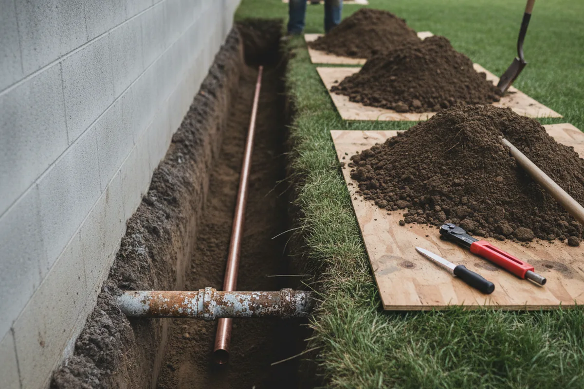 Excavated water line trench during Water Heater Repair in Old Monroe